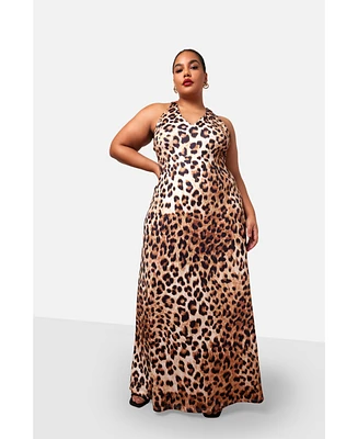 Rebdolls Plus Size Yasmeen Leopard Open Back Maxi Slip Dress