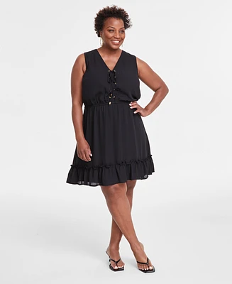 I.n.c. International Concepts Plus Solid Sleeveless Tie-Front Elastic-Waist Tiered Dress, Created for Macy's