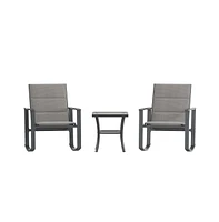 Brevyn 3 Piece Outdoor Bistro Set With Flex Comfort Rocking Chairs And Steel Framed Glass Top Table