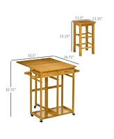 Homcom 3 Pieces Kitchen Island on Wheels with Drop Leaf Table for Small Spaces, Bar Table and Chairs Set, Rolling Bamboo Breakfast Cart with 2 Square