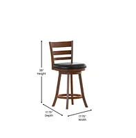 Silla 24" Classic Wooden Ladderback Swivel Counter Height Stool With Upholstered Padded Seat And Integrated Footrest