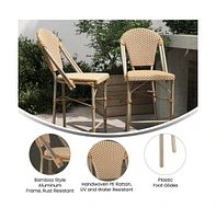 Celia Set Of Two Indoor/Outdoor Stacking Bistro Counter Stools With White And Gray Patterned Seats Backs & Bamboo Finished Metal Frames