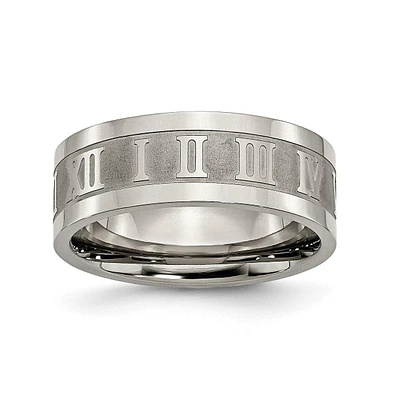 Chisel Titanium Satin Center Roman Numerals Flat Wedding Band Ring