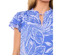 CeCe Women's Tropical-Print Tie-Neck Flutter-Sleeve Blouse