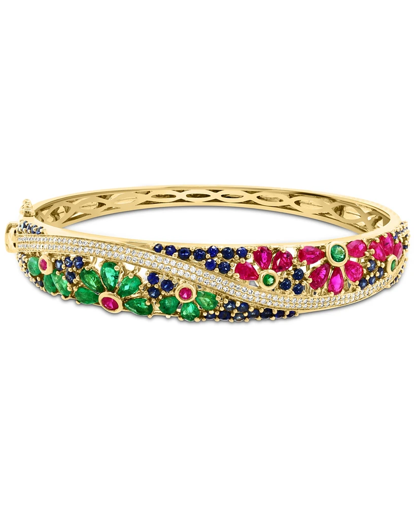 Effy Multi-Gemstone (7-1/3 ct. t.w.) & Diamond (5/8 ct. t.w.) Flower Scape Bangle Bracelet in 14k Gold