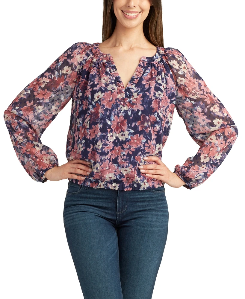 Bcx Juniors' Sheer Floral-Print Clip-Dot Long-Sleeve Top