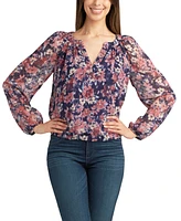 Bcx Juniors' Sheer Floral-Print Clip-Dot Long-Sleeve Top