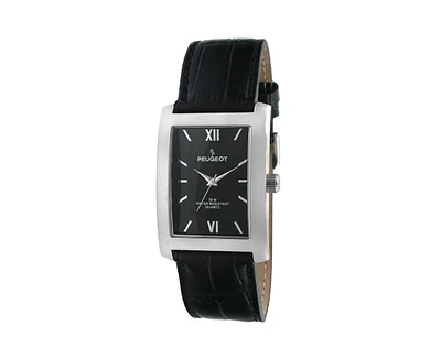 Peugeot Men's 30X40mm Silver Tank Shape Watch with Black Dial and Black Leather Strap
