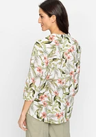 Olsen Women's 3/4 Cotton Viscose Tropic Jungle Print Tunic Shirt