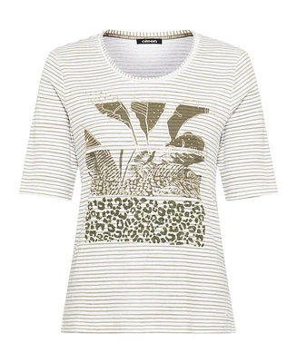 Olsen Women's 100% Cotton Stripe and Placement Print T-Shirt