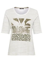 Olsen Women's 100% Cotton Stripe and Placement Print T-Shirt