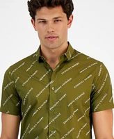 A|X Armani Exchange Men's Short Sleeve Button-Front Logo Print Stretch Shirt, Created for Macy's