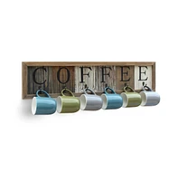 Rustic Coffee Mug Rack Wall Mounted, Printed Coffee Sign - 6 Coffee Cup Hooks - Wooden Coffee Mug Organizer - Distressed Coffee Rack Sign (31.5")