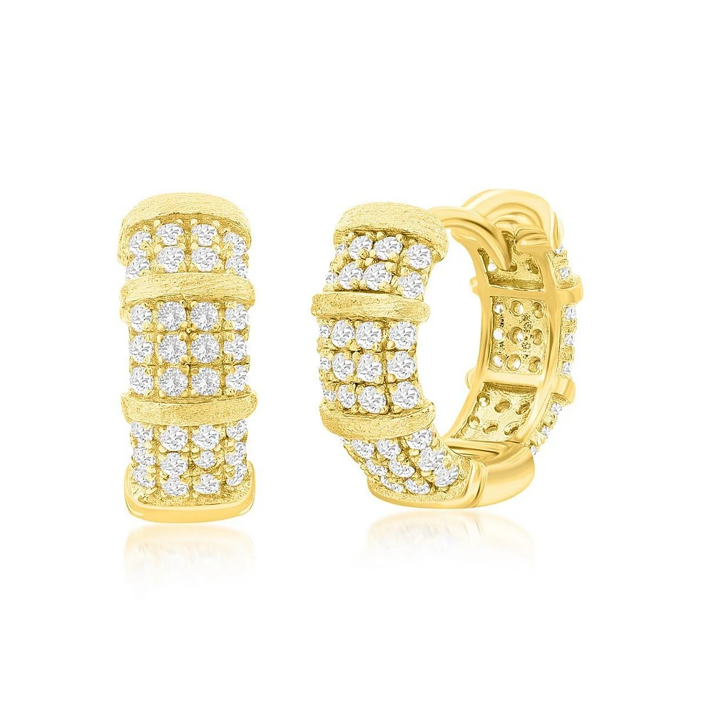 Simona Gold Plated Over Sterling Silver Pave Cz Matte 15mm Hoop Earrings