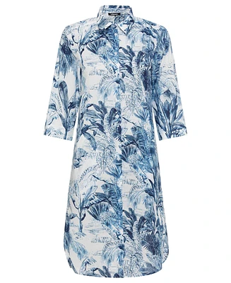 Olsen Women's 100% Cotton 3/4 Sleeve Tropic Leaf Print Dress