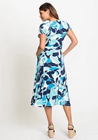 Olsen Women's Cap Sleeve A-Line Printed Midi Dress with Waist Tie