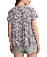 Lucky Brand Women's Printed Pintuck Split-Neck Cotton Top