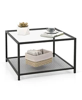 Costway Glass Coffee Table 27.5 Inch 2-Tier Square with Mesh Shelf Living Room