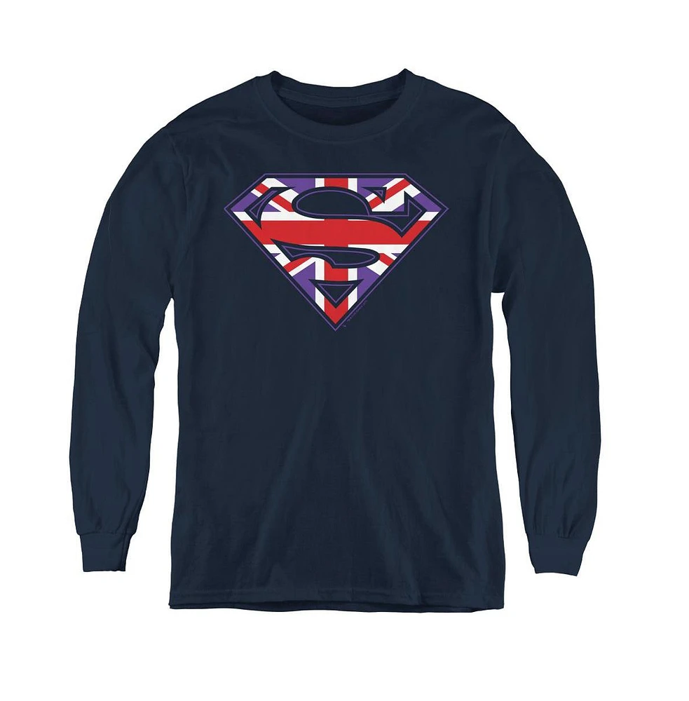 Superman Boys Youth Great Britian Shield Long Sleeve Sweatshirts