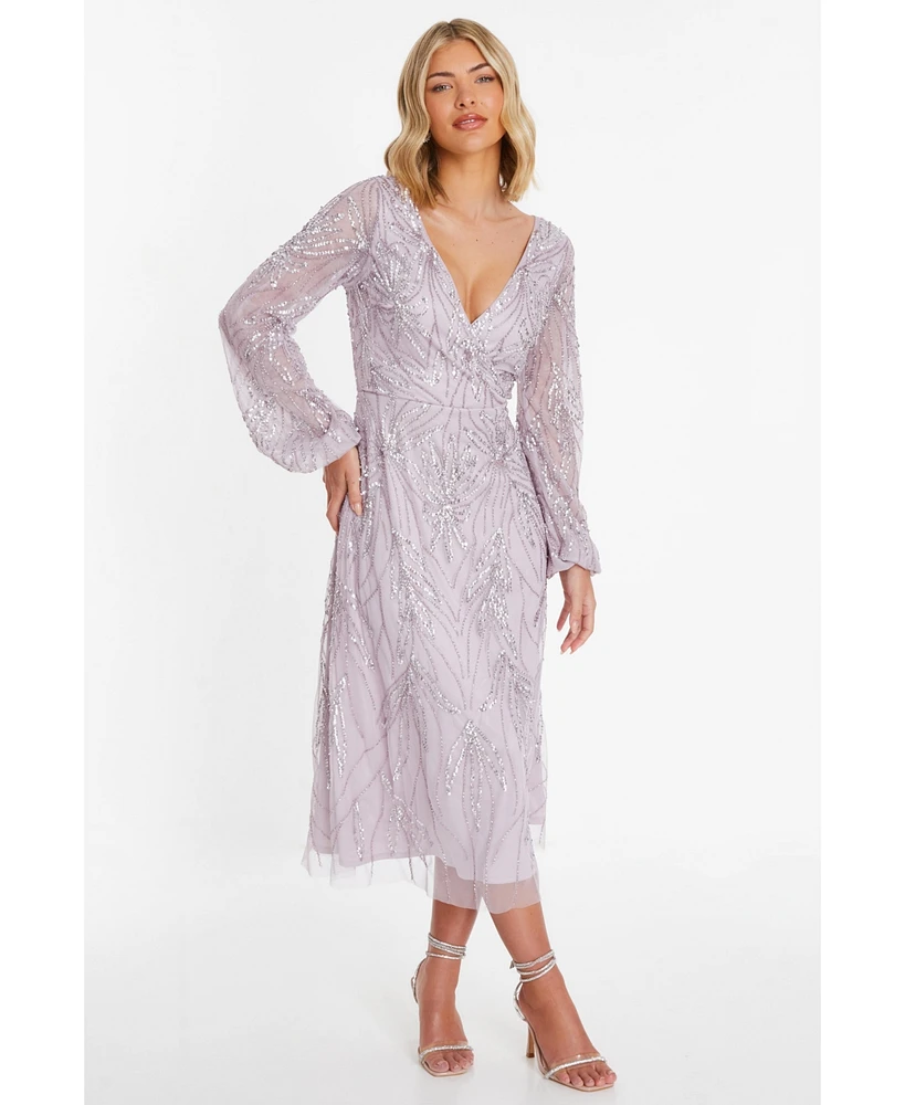 Quiz Women's Embellished Wrap Long Sleeve Midi Dress