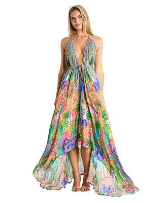 La Moda Clothing Women's Maxi Tropical Print Halterneck Dress