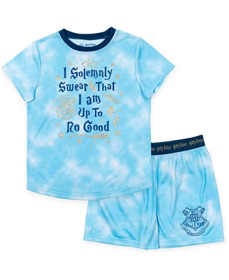 Harry Potter Little Girls Gryffindor Hufflepuff Ravenclaw Slytherin Pajama Shirt and Shorts Sleep Set Tie Dye Blue