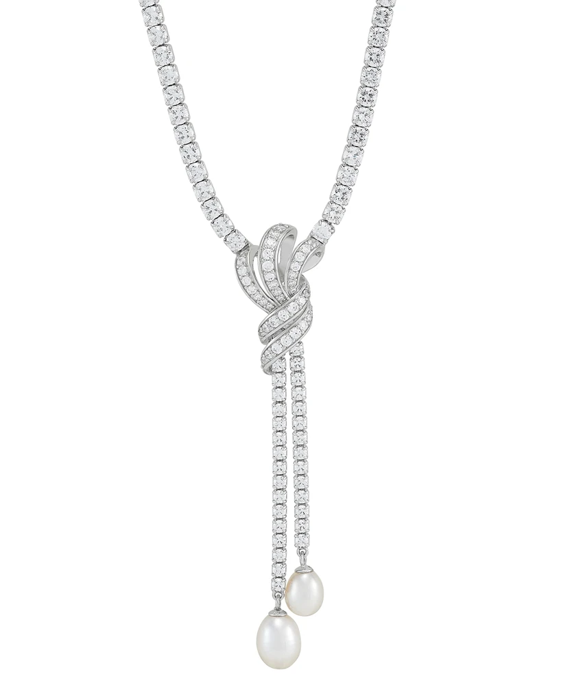 Arabella Freshwater Pearl (9x7mm & 8x6mm) Cubic Zirconia Knotted 17" Lariat Necklace in Sterling Silver