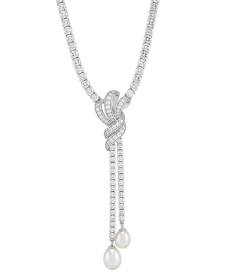 Arabella Freshwater Pearl (9x7mm & 8x6mm) Cubic Zirconia Knotted 17" Lariat Necklace in Sterling Silver