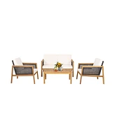 Gymax 4PCS Patio Acacia Wood Furniture Set Pe Rattan Conversation Set with Off White Cushions