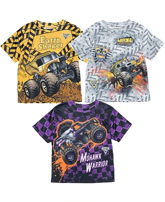 Monster Jam Toddler Boys Maximum Destruction Earth Shaker Mohawk Warrior 3 Pack T-Shirts Yellow / Grey / Purple