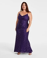 B Darlin Trendy Plus Sequined V-Neck Sleeveless Gown