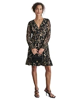 Dkny Women's Printed Chiffon Long-Sleeve A-Line Dress