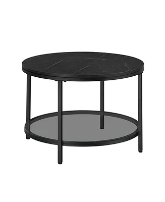 Slickblue Round Small Coffee Table with Faux Marble Top and Glass Storage Shelf, 2-Tier Circle