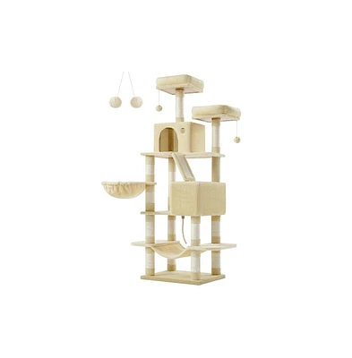 Slickblue Cat Tree With 13 Scratching Posts, 2 Perches, Caves, Basket, Hammock, Pompoms