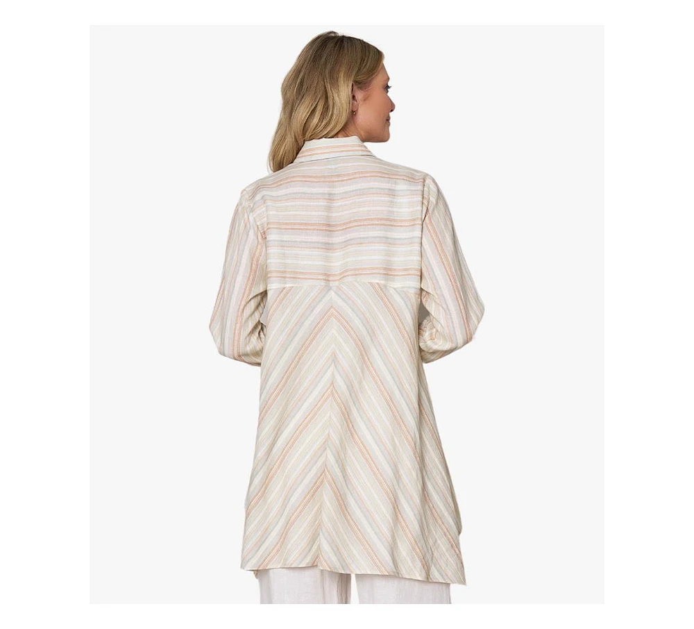 Stella Carakasi Women's Striped Linen Long Sleeve Collared V-Neck True Form Shirt