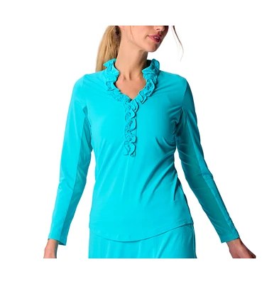 G Lifestyle Clothing Women's Long Sleeve Double Ruffle Top Tile Blue XLarge