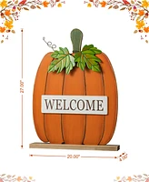 Glitzhome 27"H Fall Wood/Metal "Welcome" Pumpkin Porch Decor
