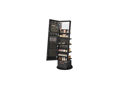 Slickblue 360° Swivel Full-Length Mirrored Jewelry Cabinet with Lights, Large Storage Basket, Makeup Shelf
