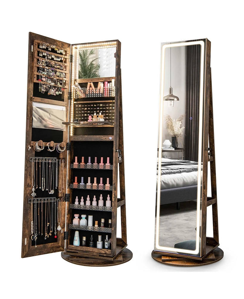 Costway 360° Swivel Jewelry Cabinet Organizer 3-Color Led Mirror with Built-in Lights