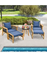 Costway 5 Pcs Patio Acacia Wood Wicker Woven Furniture Set with Coffee Table & 2 Ottomans