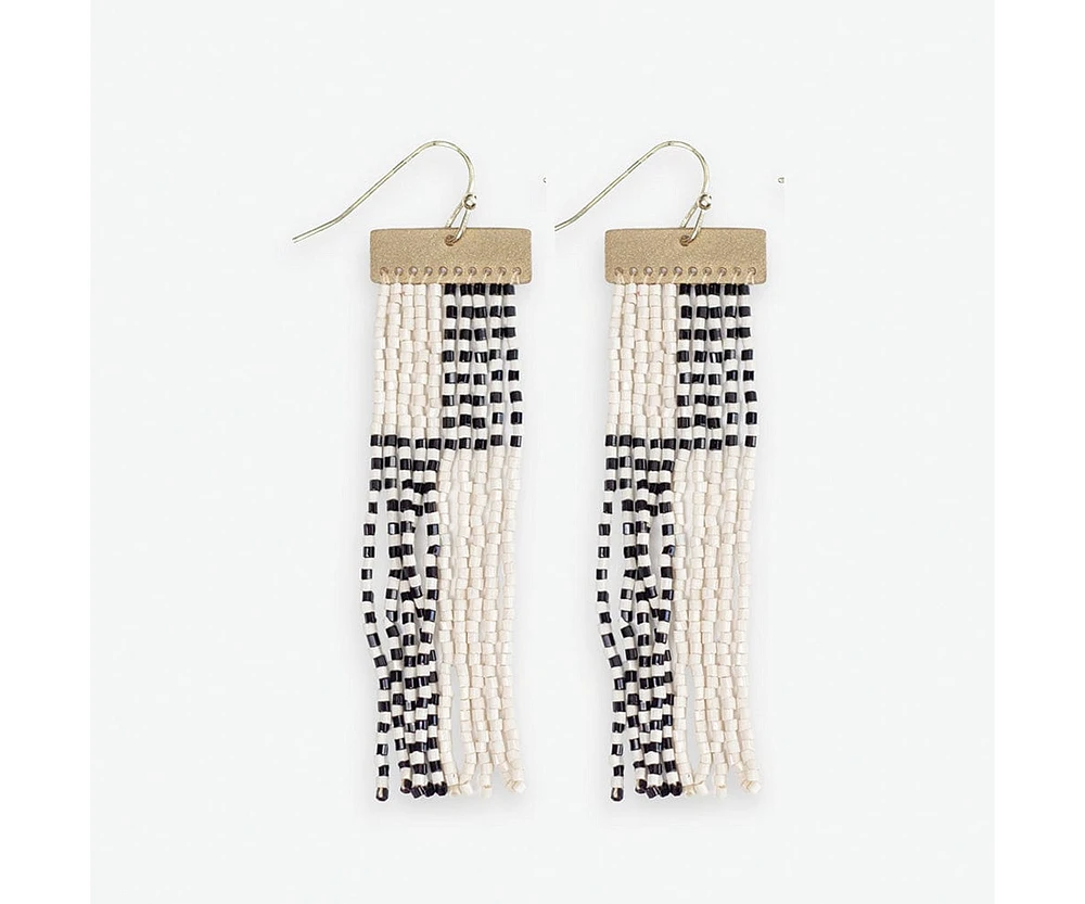 Ink+Alloy Women's Lana Rectangle Hanger Colorblocks With Stripes Beaded Fringe Earrings Black/White