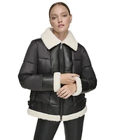 Andrew Marc Sport Women's Mixed Puffer Jacket With Faux Leather And Sherpa Trim