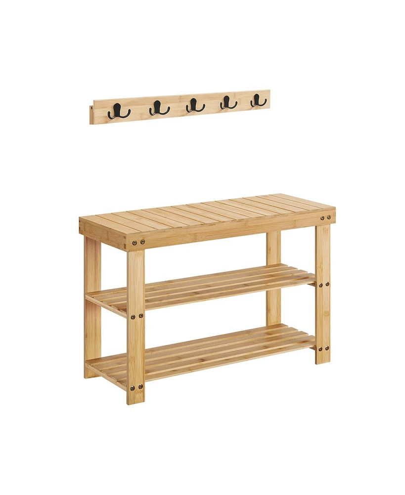 Slickblue Coat Rack Shoe Bench Set, Entryway Furniture, 5 Double Metal Hooks, 3-Tier Bamboo