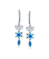 Bling Jewelry Created Blue Opal Religious Judaica Menorah Hanukkah Star Of David Leverback Dangle Earrings For Women Bat Mitzvah Sterling Silver