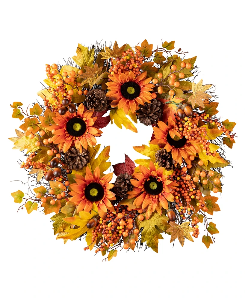 Glitzhome 24"D Fall Sunflower, Maple Leaf and Berry Wreath