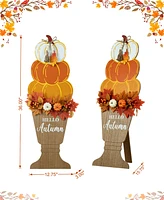 Glitzhome 36"H Fall Wooden Stacked Pumpkin with Urn Porch Decor