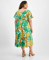 Maggie London Plus Tie-Front Flutter-Sleeve Midi Dress