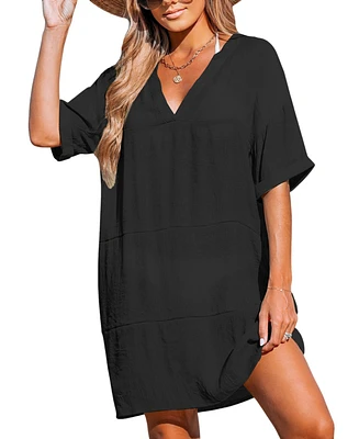 Cupshe Women's Tan Loose-Fit V-Neck Cover-Up Dress