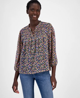 Nautica Jeans Women's Floral-Print Lace-Up Pleated Top