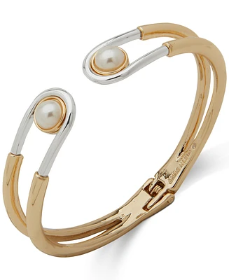 Anne Klein Two-Tone Imitation Pearl Open Spring Hinge Bangle Bracelet